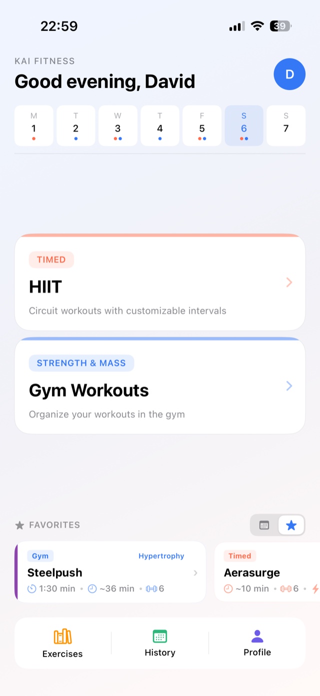 Home screen with the gym and timed workout cards