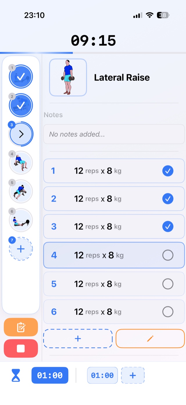 Gym session in progress, showing sets, reps and weight per exercise