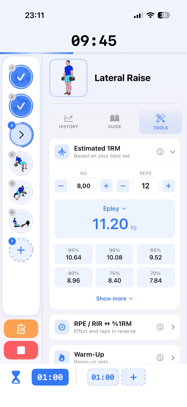 Gym tools panel with estimated one-rep max and warm-up ramp