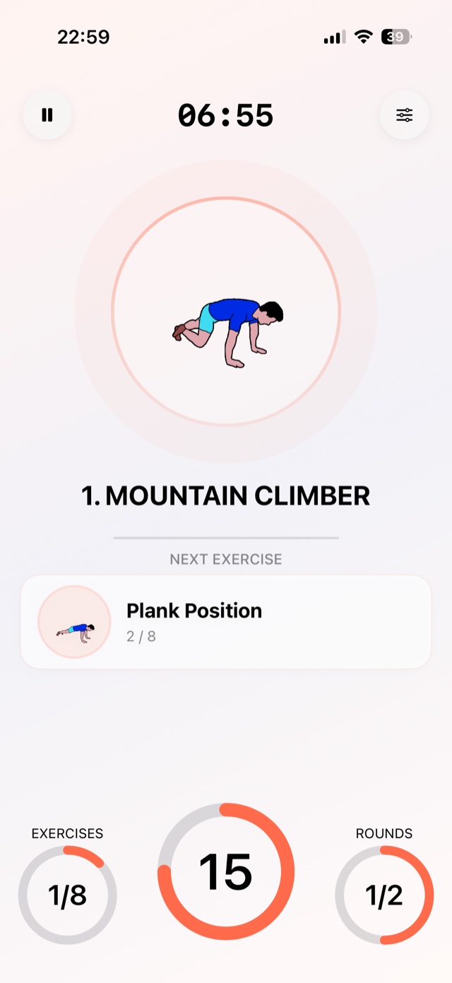 HIIT timer running, with current exercise, next exercise and round counters